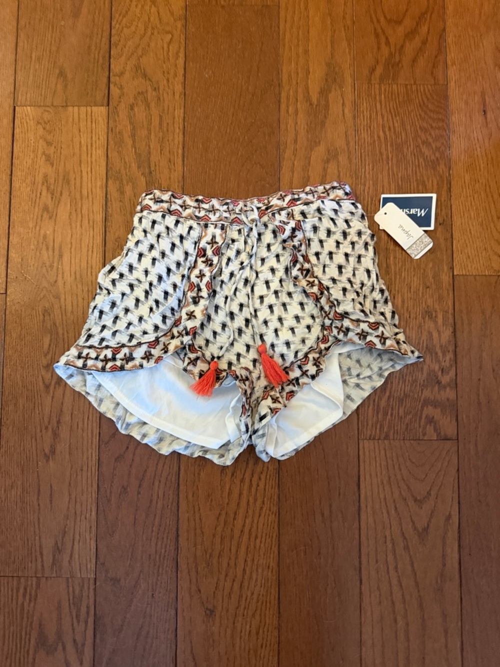Japna White Patterned Tassel-Trim Shorts with Orange Accents